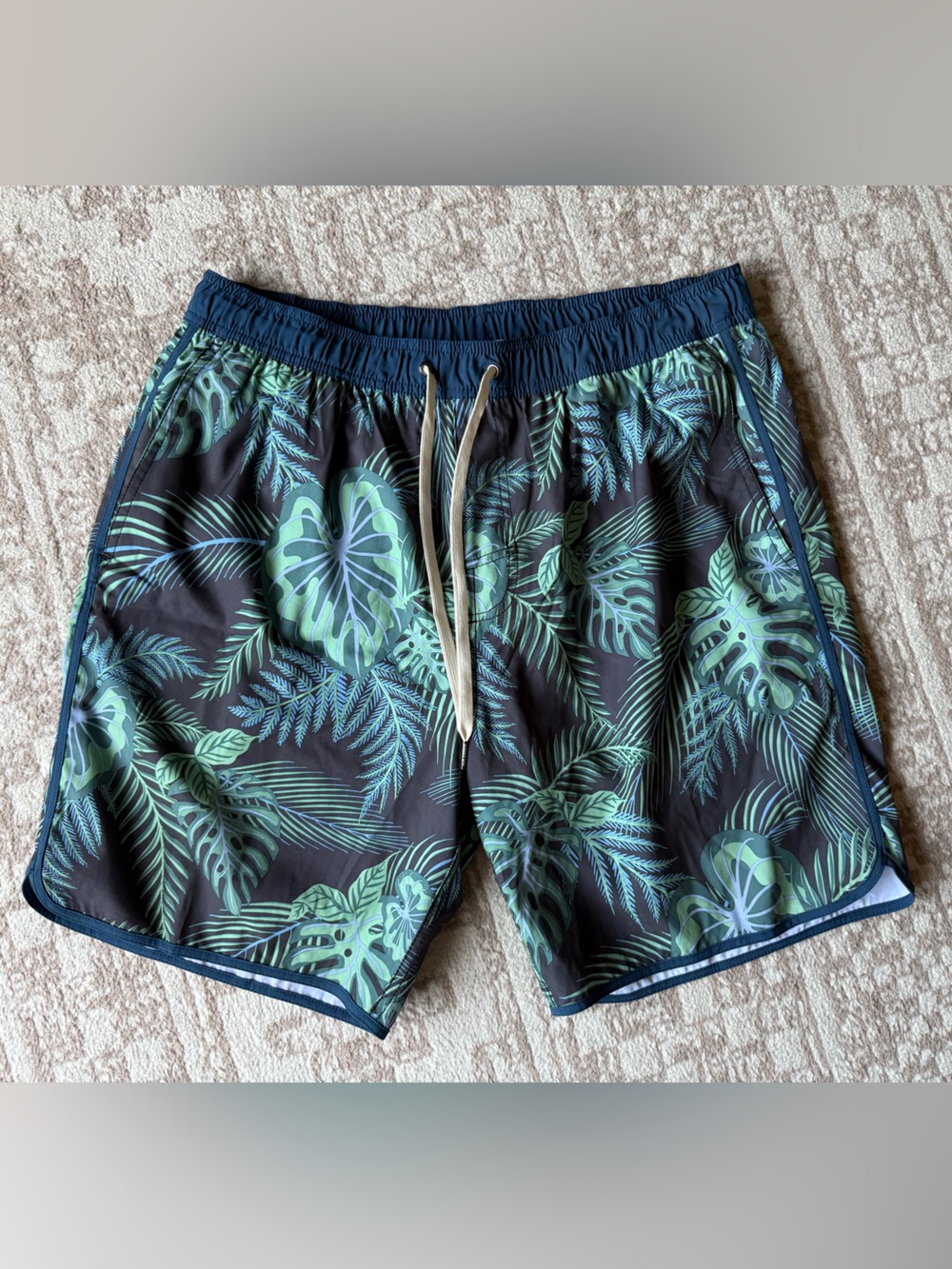 Fair Harbor Men's Navy Swim Shorts with Green Tropical Print